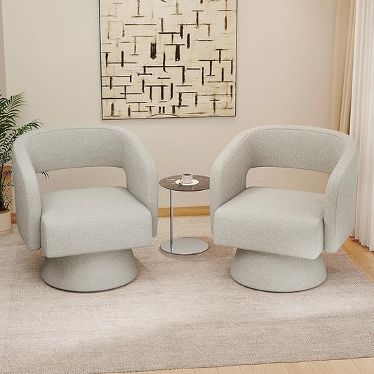 Swivel Accent Chair Set of 2, Modern Comfy Teddy Barrel Chairs, Oversized Upholstered Round Arm Chair for Living Room, Bedroom, Reading Room, White
