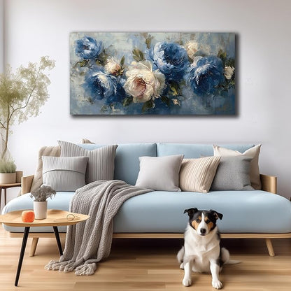 JuhaiArt Flower Wall Art for Living Room Bedroom Home Office White Wall Decor Floral Wall Picture Blue Prints Peony Artwork Art 24" x 48"