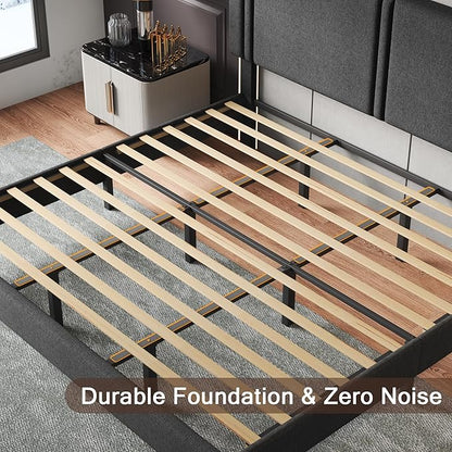 Upholstered King Size Bed Frame with Linen Fabric Headboard, Strong Wooden Slats Support, Noise Free, No Box Spring Needed, Dark Grey