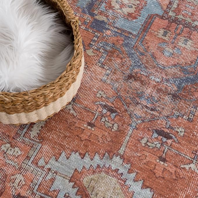 Bloom Rugs Washable 7 ft Runner - Terracotta/Blue Traditional Runner for Entryway, Hallway, Bathroom, and Kitchen - Exact Size: 2.5' x 7'