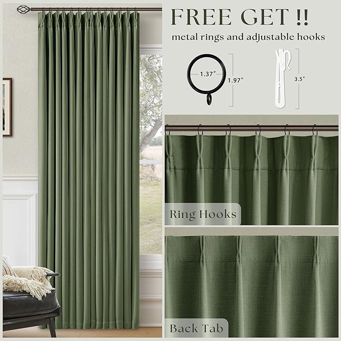 86 Inch Olive Green Pleated Blackout Curtains 2 Panels Set for Bedroom Living Room Darkening 100% Black Out Memory Trained Farmhouse Rustic Farmhouse Pinch Pleat Linen Window Curtains 86 Inch Length