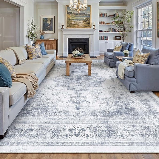 Washable Rug 9x12 Area Rug for Living Room Blue Vintage Boho Medallion Large Distressed Retro Carpet Non Slip Indoor Low Pile Small Soft Bedroom Dining Room Home Office