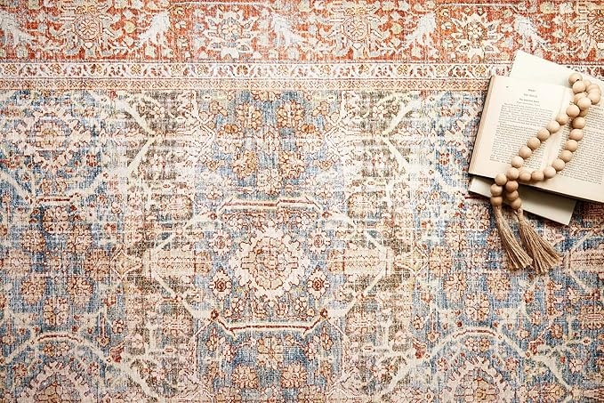 Loloi Layla Collection LAY-04 Ocean/Rust 2'-6" x 9'-6" .13" Thick Runner Rug, Soft, Durable, Vintage Inspired, Distressed, Low Pile, Non-Shedding, Easy Clean, Printed, Living Room Rug