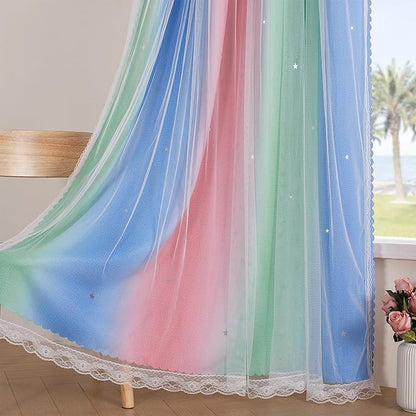XiDi Pink & Rainbow Curtains for Kids & Girl Bedrooms - Blackout, Unicorn Wall Decals, 52x63 Inch