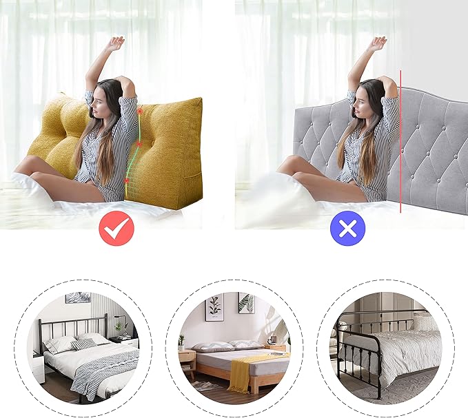 homecozy Wedge Headboard Pillow Dorm Room Reading Pillow Back Support for Sitting Up in Bed Bolster Lumbar Cushion Body Positioning Bedrest Cotton Linen 54in Yellow Full