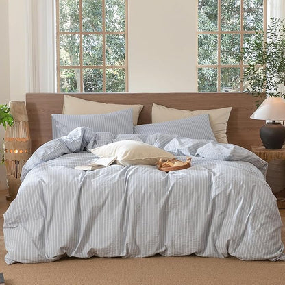 MooMee Striped Duvet Cover Set 100% Washed Cotton Linen Like Textured Breathable Durable Soft Comfy (Cornflower Blue White Wide Stripes, Oversized Queen 98"x98")