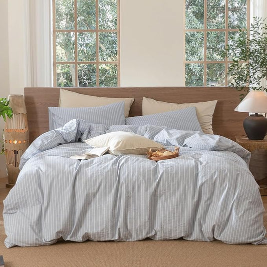 MooMee Striped Duvet Cover Set 100% Washed Cotton Linen Like Textured Breathable Durable Soft Comfy (Cornflower Blue White Wide Stripes, Oversized King Plus 128"x120")