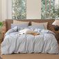 MooMee Striped Duvet Cover Set 100% Washed Cotton Linen Like Textured Breathable Durable Soft Comfy (Cornflower Blue White Wide Stripes, King 104"x90")
