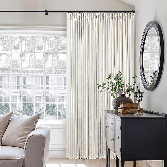 Extra Wide Pinch Pleat Curtains 96 Inches Long for Patio Sliding Glass Door Cream Linen 100 Inch Wide Curtain Memory Trained Pleated Drapes with Hooks Rings Semi Sheer 100x96 Curtain for Large Window
