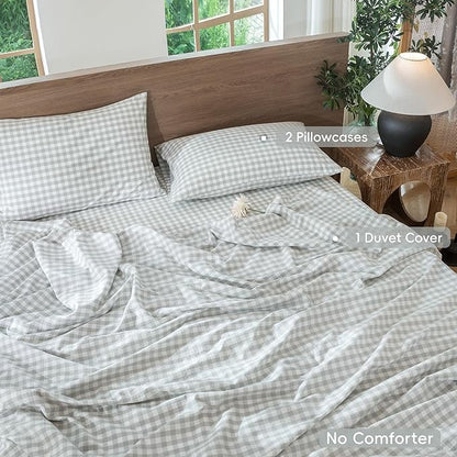 MooMee Gingham Duvet Cover Set 100% Washed Cotton Linen Like Textured Breathable Durable Soft Comfy Modern Checkered Design (Northern Droplet Grey Gingham, Oversized Queen 98"x98")