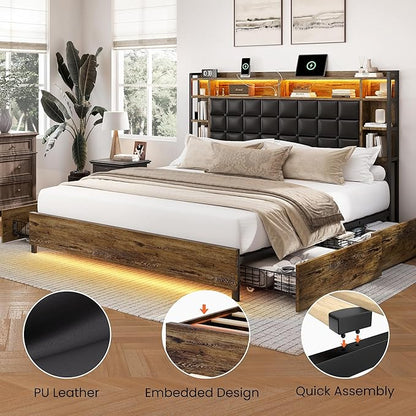 LARMACE King Size Bed Frame with 4 Storage Drawers and Bookcase Headboard, Faux Leather Upholstered, Wooden Platform Bed Frame with Charging Station and LED Lights, No Box Spring Needed, Brown
