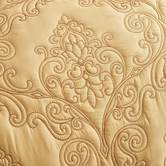 CHIXIN Bedspread Coverlet Set Queen Size - Lightweight Bedding Cover - Beautiful Stitching - 5 Piece Reversible Bedspread - Luxury Damask Paisley Pattern (Queen, Honey-Gold)