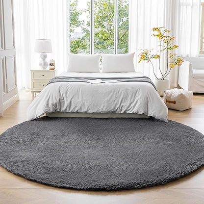 Amazon Basics Fluffy Washable Round Area Rug, Circle Shaggy Carpet for Living Room, Bedroom, Nursery, 6'R, Dark Gray