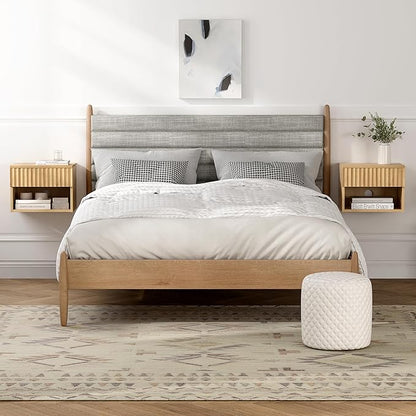 Small Floating Nightstand Set of 2, Modern Fluted Night Stand with Drawer and Open Storage Shelf Wall Mounted Bedside Tables Natural Oak