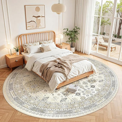 zesthome 8ft Round Rugs for Living Room, Non-Slip Washable Round Area Rugs, Ultra-Thin Large Circle Rugs, Soft Low Pile Rug for Bedroom, Kitchen - Vintage Stain Resistant Round Rug (Beige,8'x8')