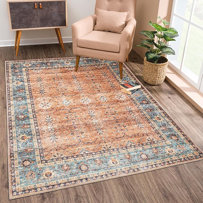 Bloom Rugs Washable Non-Slip 3' x 5' Rug - Orange/Teal Blue Traditional Bordered Area Rug for Living Room, Bedroom, Dining Room, and Kitchen - Exact Size: 3' x 5'
