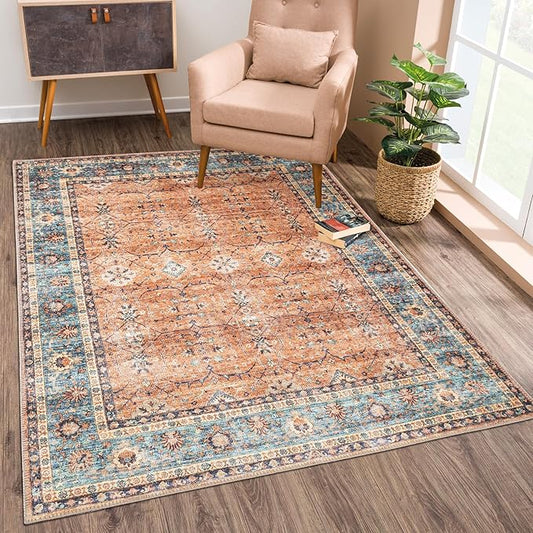 Bloom Rugs Washable Non-Slip 5' x 7' Rug - Orange/Teal Blue Traditional Bordered Area Rug for Living Room, Bedroom, Dining Room, and Kitchen - Exact Size: 5' x 7'