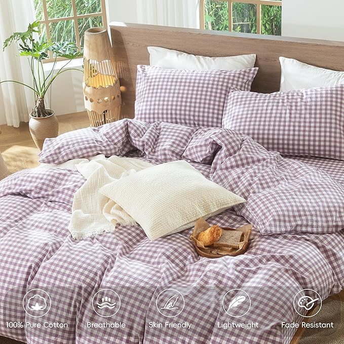 MooMee Gingham Duvet Cover Set 100% Washed Cotton Linen Like Textured Breathable Durable Soft Comfy Modern Checkered Design (Classic Gingham Light Purple, Queen 90"x90")