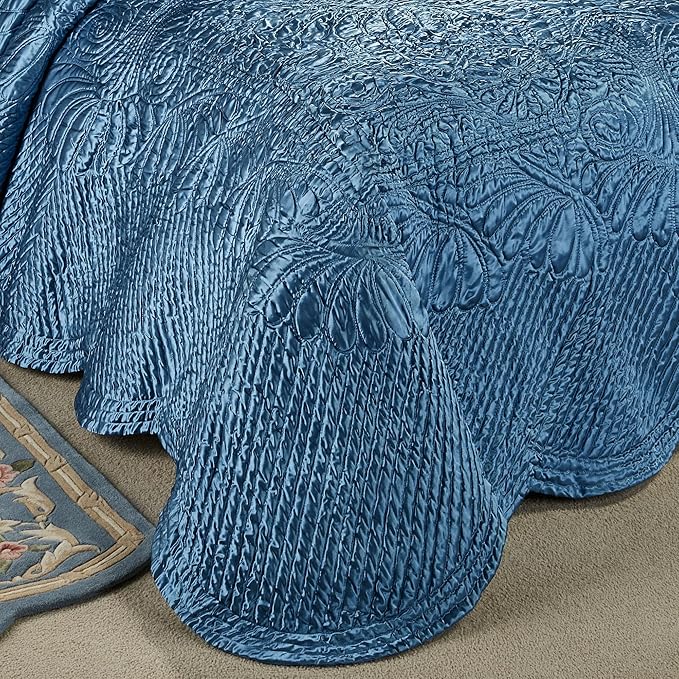 Touch of Class Portia Luxury Bedding | Sapphire | Quilted Polyester Satin | Romantic Hand Guided Machine Quilted Scroll Design 7 Piece Set with Full Bedspread, 2 Standard Shams, 4 Pillows