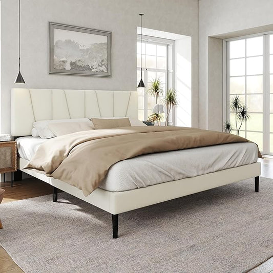 Full Size Bed Frame with Fabric Upholstered Headboard, Platform Bed with Wooden Slats Support, Fully Mattress Foundation, Box Spring Optional, Easy Assembly