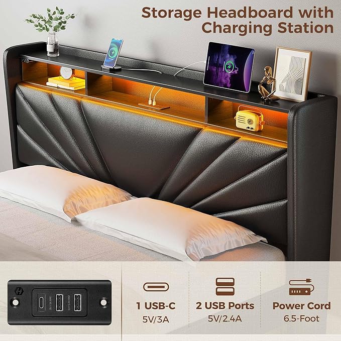 Rolanstar Full Size Bed Frame, Storage Headboard with Charging Station and LED Lights, Upholstered Bed with Heavy Duty Wood Slats, No Box Spring Needed, Noise Free, Easy Assembly, Black