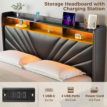 Rolanstar King Size Bed Frame, Storage Headboard with Charging Station and LED Lights, Upholstered Bed with Heavy Duty Wood Slats, No Box Spring Needed, Noise Free, Easy Assembly, Black