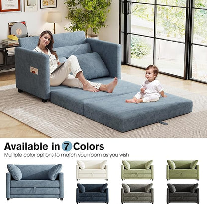 51" Loveseat Sleeper Sofa Bed, Chenille Convertible Floor Sofa Bed for Small Spaces, Folding Couch Bed with Deep Seat, 2 Pillows & Solid Frame, Pull Out Couch for Living Room, Light Blue