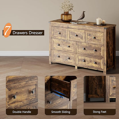 Dresser for Bedroom with 7 Drawers, Farmhouse Wood Chest of Drawers, Wide TV Stand Closet Storage Furniture with Metal Handle, Modern Clothes Organizer for Hallway, Living Room, Entryway, Brown