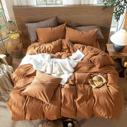 MooMee Wavy Striped Duvet Cover Set 100% Washed Cotton Linen Like Textured Breathable Durable Soft Comfy (Dark Orange, King 104"x90")