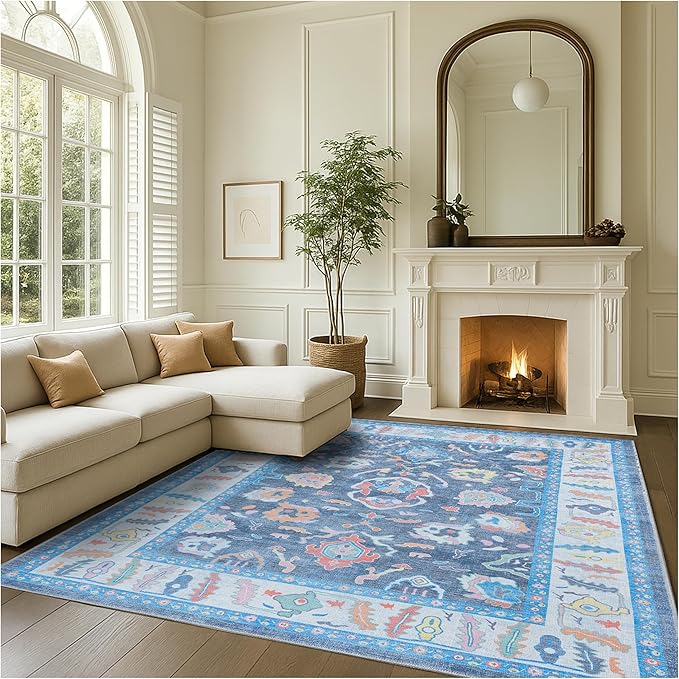 Fame Rugs Blue Modern Oushak Rug 10x13, Vintage Turkish Colorful Oriental Washable Antique Inspired Oversize Area Rugs, Luxury Living Room Bedroom (387BNB, 10' x 13')