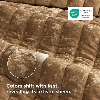 Bedsure Velvet Quilt Queen Size Set - Lightweight Velvet Comforter Queen, Luxury Bedspread Coverlet, Ultra-Soft Winter Bedding Set with 2 Pillow Shams, 90"x96", Caramel Gold
