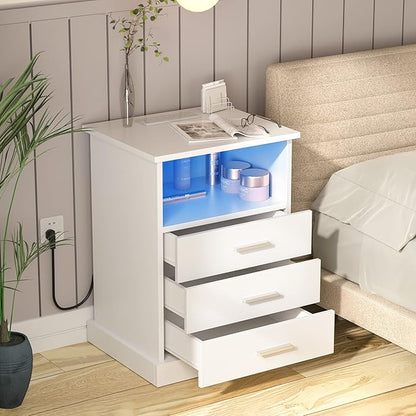 Halitaa Nightstand with Charging Station, LED Lights Side Table with 3 Drawers, End Table for Bedroom Ofiice White 2 Set