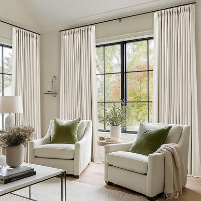 Ivory Cream Linen Blackout Curtains 112 Inches Long for Bedroom Neutral Boho Pinch Pleated 100% Black Out Room Darkening Sound Dampening Window Drapes Double Layer Soundproof 112 Inch Curtains