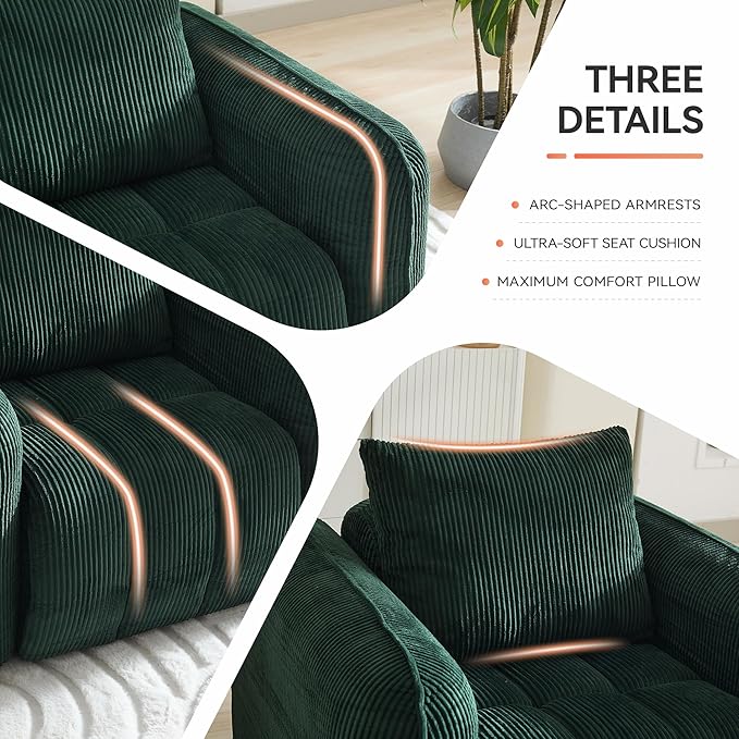Oversized Boneless Corduroy Accent Chair, Comfy Deep Seat Armchair for Bedroom, Modern Upholstered Living Room Sofa Chair with Pillow, No Assembly, Green