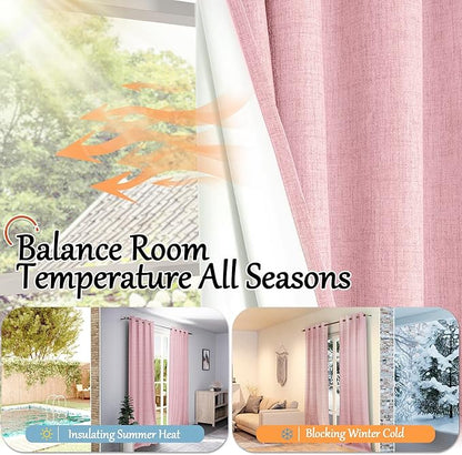 Baby Pink Linen Blackout Curtains for Nursery 80 Inch Length 2 Panels Set, Thermal Insulated Boho Total Black Out Noise Reducing Bonzer Grommets Window Curtains for Girls Bedroom, Each 38 Inch Wide