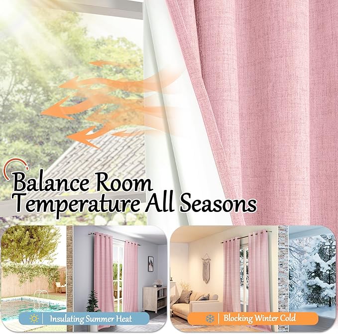 Baby Pink Linen Blackout Curtains 84 Inch Long for Living Room Narrow Window, 38 Inch Wide Thermal Insulated Light Blocking Small Curtains for Girls Bedroom Kids Nursery, 38x84 Inch 2 Panels