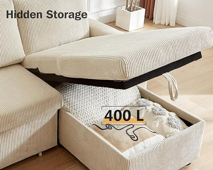 Vipbear 80" Sectional Sleeper Sofa Bed with Pull Out Bed, L Shaped Couch Pull Out Couch with Reclining Backrest, Reversible Storage Chaise, USB Ports, Tool-Free Assembly, Corduroy Beige Color