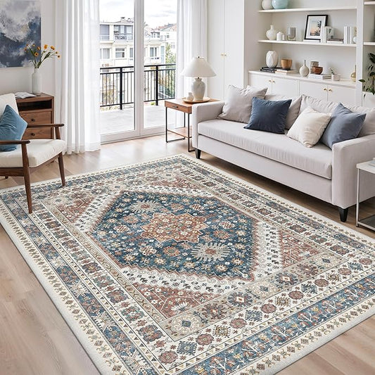zesthome 5x7 Area Rugs - Ultra-Thin Washble Rug, Stain Resistant Anti Slip Backing Rugs for Living Room,Bedroom, Vintage Home Decor Area Rug (Navy Blue/Red,5'x7')
