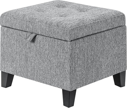 Adeco 17" Square Ottoman with Storage, Small Grey Storage Ottoman Foot Rest with Hinged Lid & Solid Wood Legs, Linen Fabric Foot Stool for Living Room & Bedroom