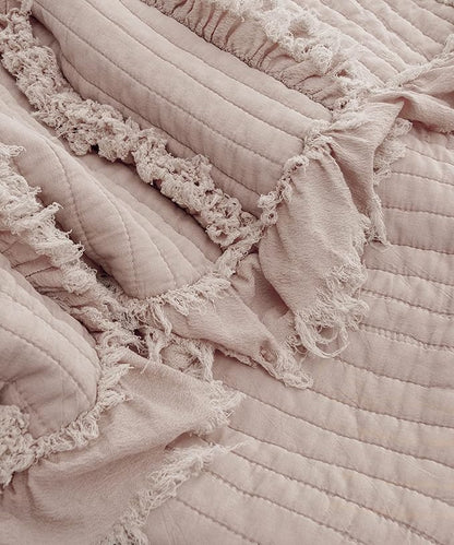 Ultra Soft Pre-Washed Quilted Throw Blanket, Ruffle Fringed Dusty Rose Pink Decorative Throw, Stone Washed Chic Rustic Blanket for Sofa Couch Bed Chair, 50"x 60"