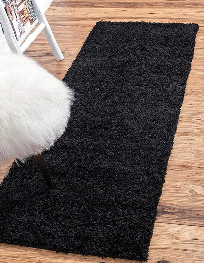 Unique Loom Solid Shag Collection Area Rug (2' 6" x 10' Runner, Jet Black)