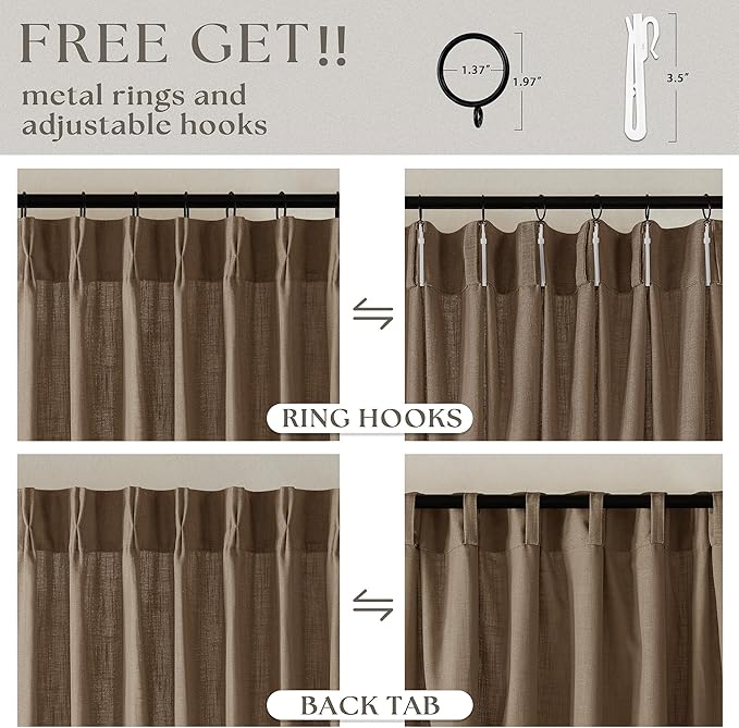 Brown 80 Inch Pinch Pleated Linen Curtains 2 Panels Set for Living Room Bedroom Boho Farmhouse Light Filtering Semi Sheer Back Tab Pinch Pleat Hooks Rings Window Curtain 80 Inches Long Dutch Cocoa