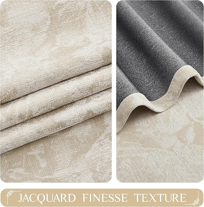 Beauoop Beige Floral Jacquard Blackout Curtains 96 Inches Long 2 Panels for Bedroom Living Room Chenille Flower Room Darkening Thermal Insulated Soundproof Rod Pocket Back Tab Window Drapes, 52x96