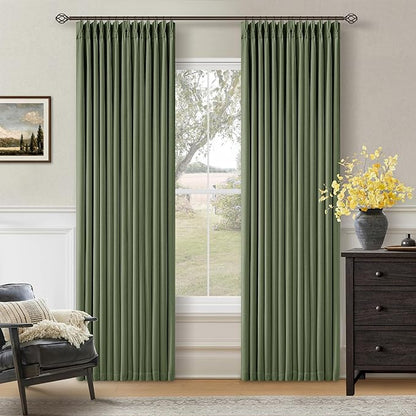 86 Inch Olive Green Pleated Blackout Curtains 2 Panels Set for Bedroom Living Room Darkening 100% Black Out Memory Trained Farmhouse Rustic Farmhouse Pinch Pleat Linen Window Curtains 86 Inch Length