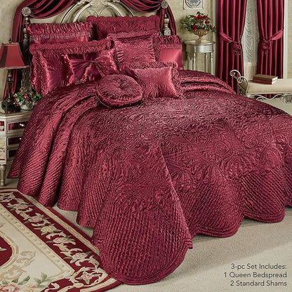 Touch of Class Portia Luxury Bedding | Rich Ruby Red | Premier Quilted Polyester Satin | Romantic Hand Guided Machine Quilted Scroll Design 3 Piece Set with Queen Bedspread and 2 Standard Shams
