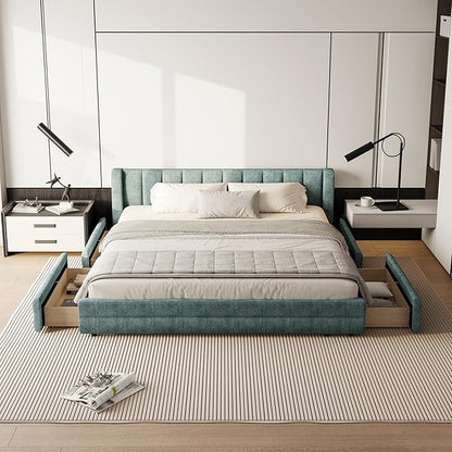 DEINPPA King Size Bed Frame with 4 Storage Drawers and Cloud Soft Headboard, Chenille Upholstered Grounded Wood Base Bed Frame, No Box Spring Needed-Blue+Green