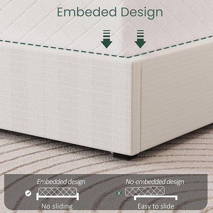 LARMACE King Size Bed Frame with 4 Storage Drawers and Wingback Headboard Linen Upholstered Platform Bed Frame with Wooden Slats, Easy Assembly, White