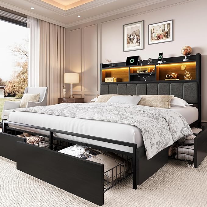 LARMACE Queen Bed Frame with 6 Storage Drawers, Bed Frame Queen Size with Linen Upholstered Headboard, Built in Charging Station and LED, No Noise, Metal Support, No Box Spring Needed,Vintage Black