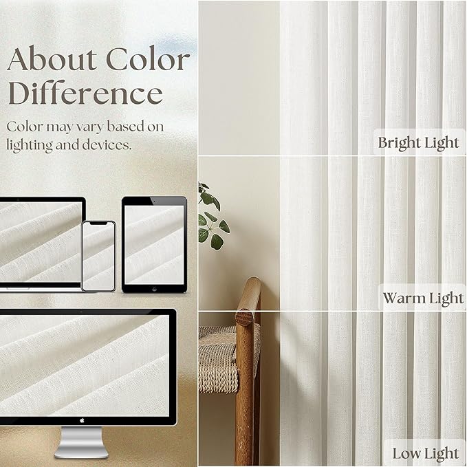 Beige White Pinch Pleated Linen Curtains 92 Inches Long 2 Panels for Living Room Bedroom Memory Training Shaped Semi Sheer Pleat Drapes with Hooks Rings Light Filtering Window Curtain 40x92