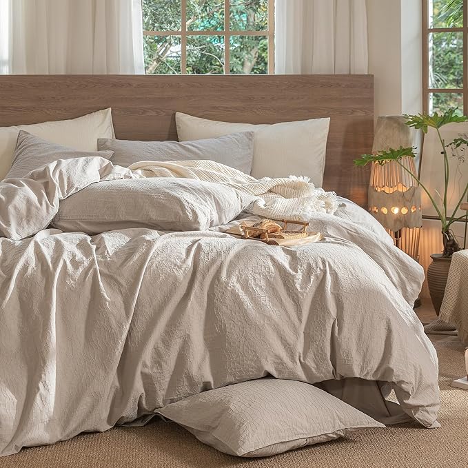 MooMee Wavy Striped Duvet Cover Set 100% Washed Cotton Linen Like Textured Breathable Durable Soft Comfy (Beige, Palatial King/Oversized King 120"x98")